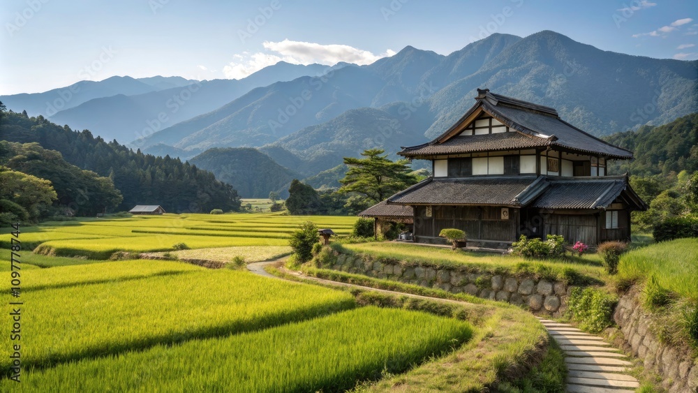 Traditional Japanese House in Serene Rice Field with Majestic Mountains - Tranquil Landscape, Nature's Beauty, Cultural Heritage, Scenic Views, Rural Japan, Peaceful Atmosphere Traditional Japanese House in Serene Rice Field with Majestic Mountains - Tranquil Landscape, Nature's Beauty, Cultural Heritage, Scenic Views, Rural Japan, Peaceful Atmosphere