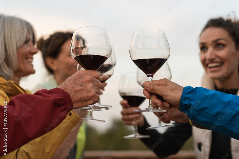 Close up of hands toasting with red wine glasses during outdoor celebration showing authentic friendship moment Close up of hands toasting with red wine glasses during outdoor celebration showing authentic friendship moment