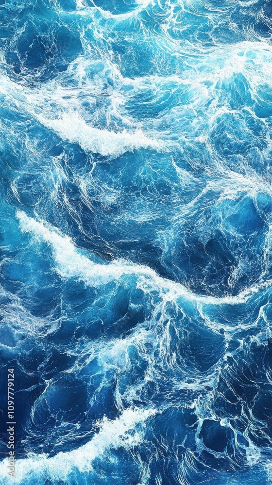 Obraz premium Aerial view of vibrant blue ocean waves crashing, creating dynamic patterns and textures in a serene natural setting.