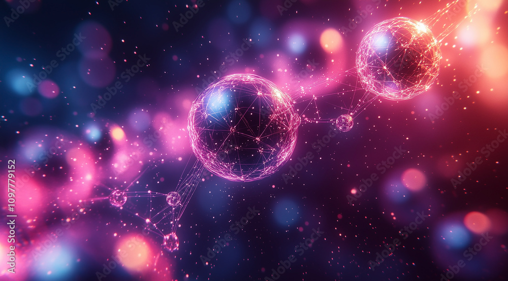 Fototapeta premium Luminescent Geometric Network Illustrating Quantum Entanglement in Deep Space - Generative AI