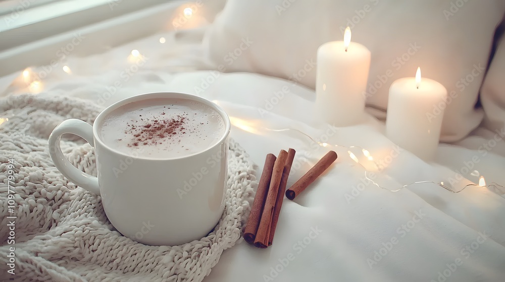 A festive winter table setup with a mug of hot cocoa, cinnamon sticks, and glowing fairy lights. A festive winter table setup with a mug of hot cocoa, cinnamon sticks, and glowing fairy lights.