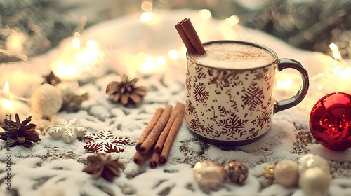 Wallpaper Mural A festive winter table setup with a mug of hot cocoa, cinnamon sticks, and glowing fairy lights. Torontodigital.ca