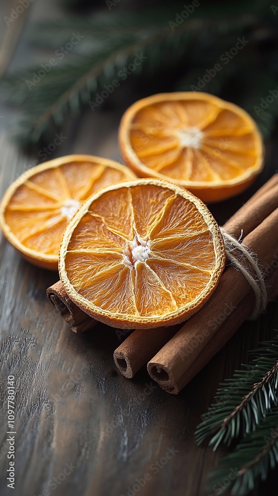 Dried orange slices, bright and rich shades of orange. Cinnamon sticks are added to the composition, creating a harmonious contrast with warm brown tones. Dried orange slices, bright and rich shades of orange. Cinnamon sticks are added to the composition, creating a harmonious contrast with warm brown tones.