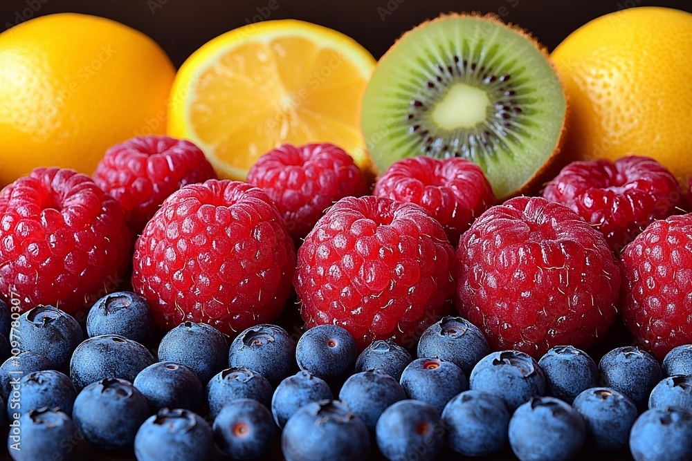A bright background with a variety of juicy fruits and berries. The colors are rich and contrasting: red, orange, blue, green and yellow tones create a lively and appetizing look. A bright background with a variety of juicy fruits and berries. The colors are rich and contrasting: red, orange, blue, green and yellow tones create a lively and appetizing look.