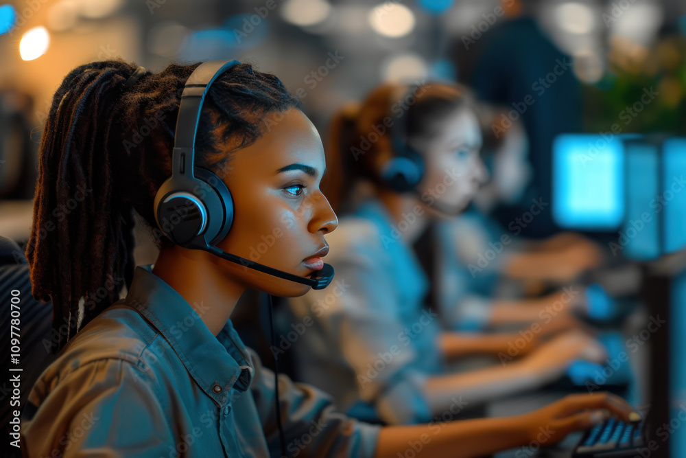 Confident and focused black female employee wearing a headset works at a modern help desk workplace call center service side view Confident and focused black female employee wearing a headset works at a modern help desk workplace call center service side view