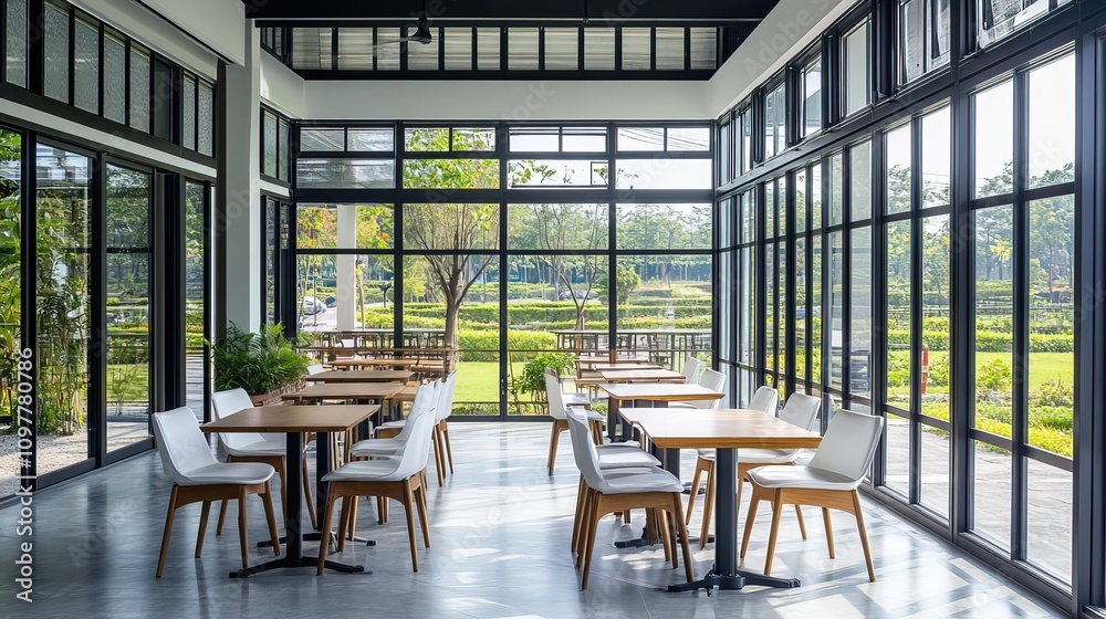 Obraz premium Modern cafe interior with large windows, wooden tables, and white chairs overlooking a garden.
