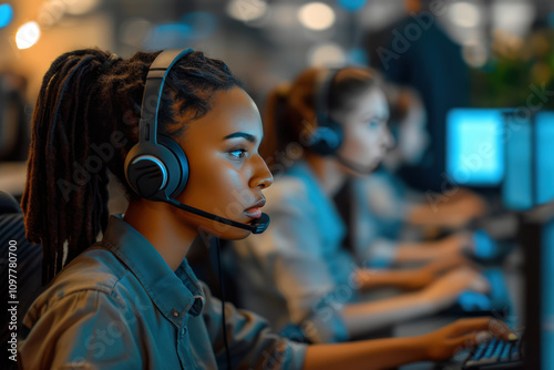 Confident and focused black female employee wearing a headset works at a modern help desk workplace call center service side view