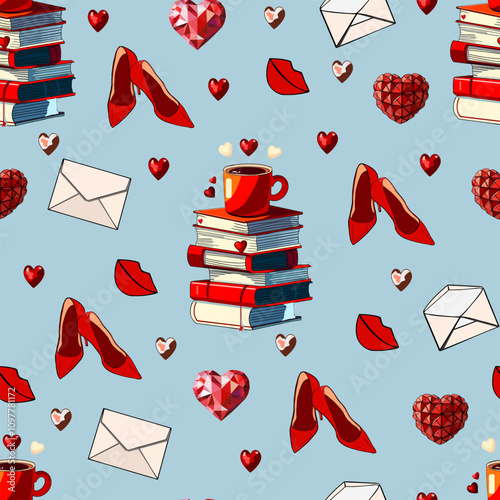 Seamless Pattern with Notebooks, Coffee Cups, and Love Letters. Romantic Stationery Design with Flowers and Envelopes