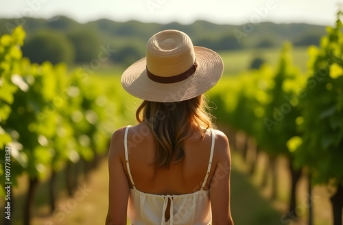 Close-up of a woman in a wide-brimmed hat and a summer sundress with an open back walking through a vineyard at dawn. View from the back.