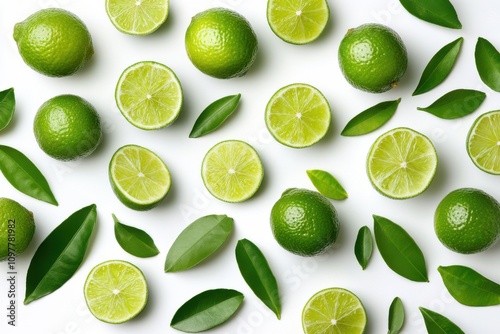 Assortment of tangy, flavorful limes nestled among lively foliage, set against a white background photo