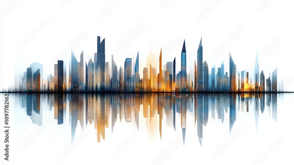 Futuristic City Skyline at Sunset with Reflective Buildings Futuristic City Skyline at Sunset with Reflective Buildings