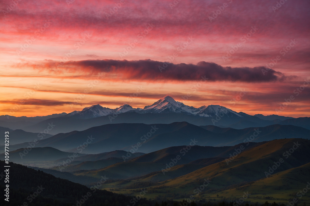 Fototapeta premium Silhouetted mountain layers under a golden-pink sunrise; warm light reflecting on soft clouds, peaceful and enchanting atmosphere