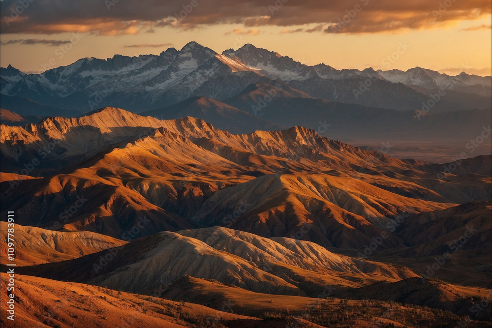 Naklejka premium Layered rocky mountains in rich brown-gold tones; sunset sky with golden-orange gradient, stones softly glowing in warm evening light