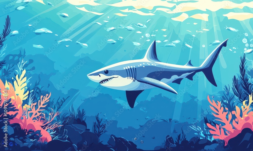 Obraz premium A visually striking underwater scene featuring a shark swimming among vibrant coral and colorful marine life.