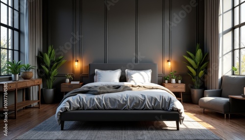 Dark gray room with a large bed, two nightstands, a window, potted plants on both sides of the