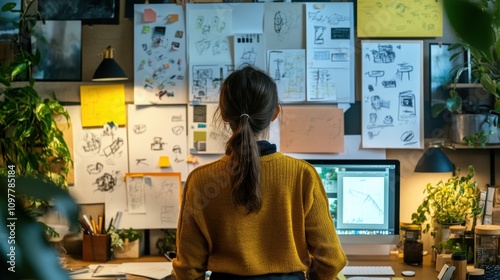 Woman Designing Intuitive Game in Creative Workspace with Sketches