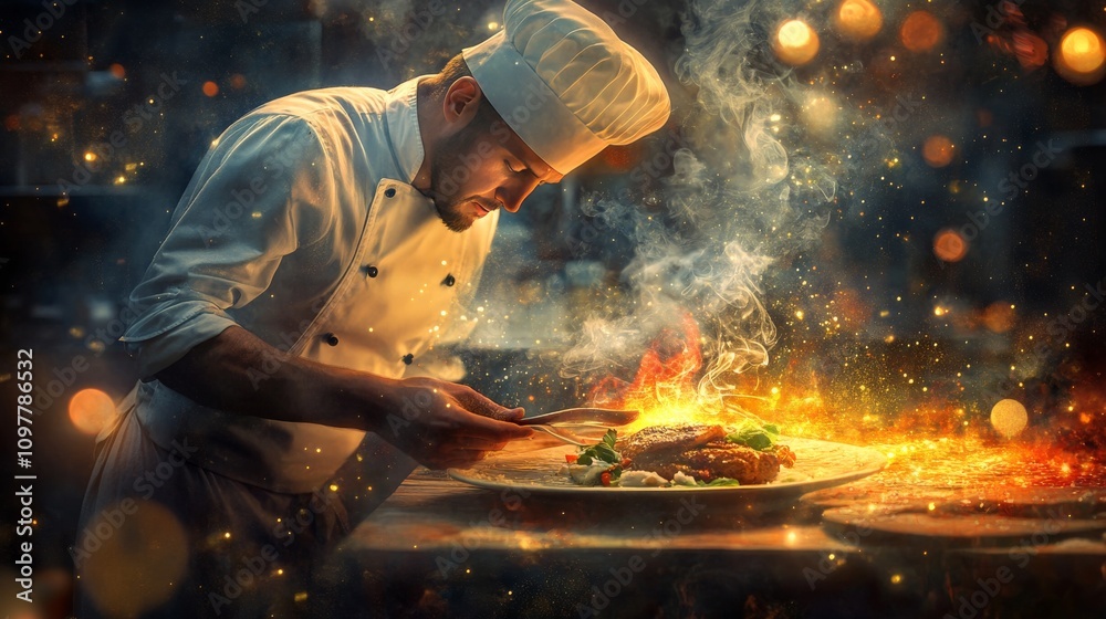 A chef leans over a dish, intensely focused as flames rise dramatically from the plate. The fiery glow and swirling smoke create a dynamic and captivating scene, showcasing the passion and skill of A chef leans over a dish, intensely focused as flames rise dramatically from the plate. The fiery glow and swirling smoke create a dynamic and captivating scene, showcasing the passion and skill of