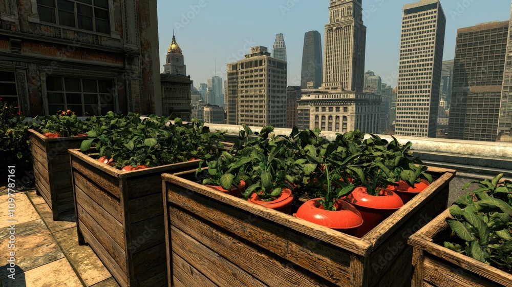 Fototapeta premium Urban Rooftop Garden Plants Cityscape Green Sustainable Farming