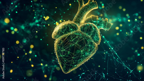 A glowing anatomical heart made of interconnected yellow-green dots, symbolizing technological integration and life.