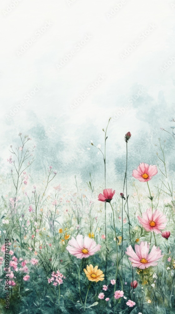 Obraz premium A serene field of wildflowers featuring pink and yellow blooms in soft pastel hues under a misty sky.