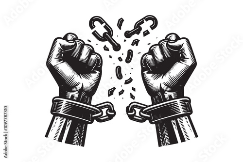 Hands breaking chains. Vintage black vector engraving illustration, emblem, tattoo sketch, print. Cut out, isolated.