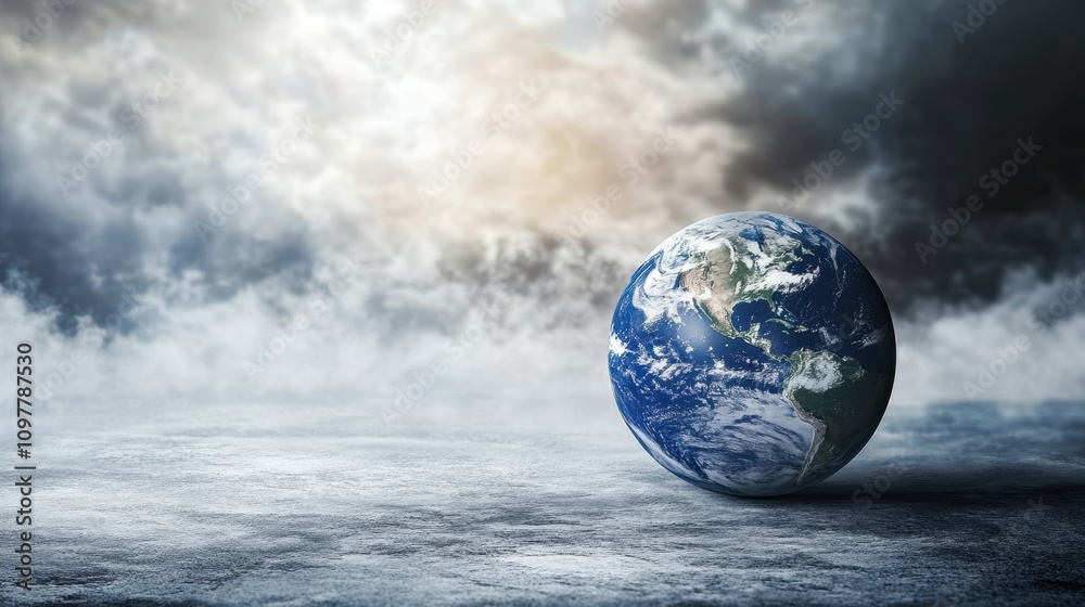 Earth floating in dramatic cloudy landscape Earth floating in dramatic cloudy landscape