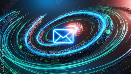 Vibrant Abstract Swirl with Email Icon and Digital Effects