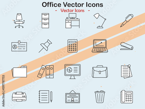 Icons depicting office and workplace themes in vector style