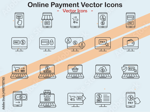 Icons illustrating online payment and financial transaction themes in vector style