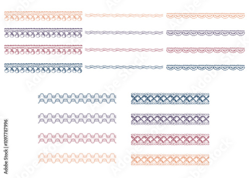 Ribbon lace braid zigzag tassel. Hand drawn ink vector illustration sewing craft embroidery supplies. Set of multicolor objects isolated on white. Design atelier, tailor, hobby shop, fashion boutique
