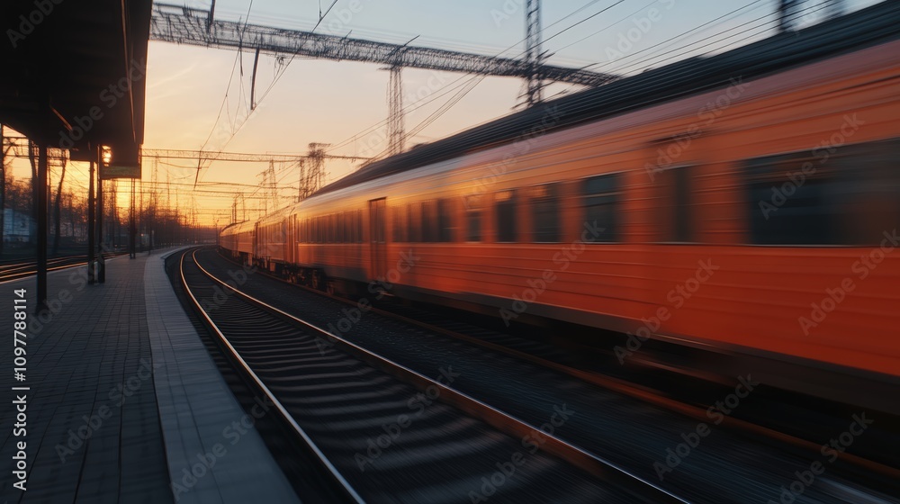 Obraz premium Orange train speeding through a sunset-lit station