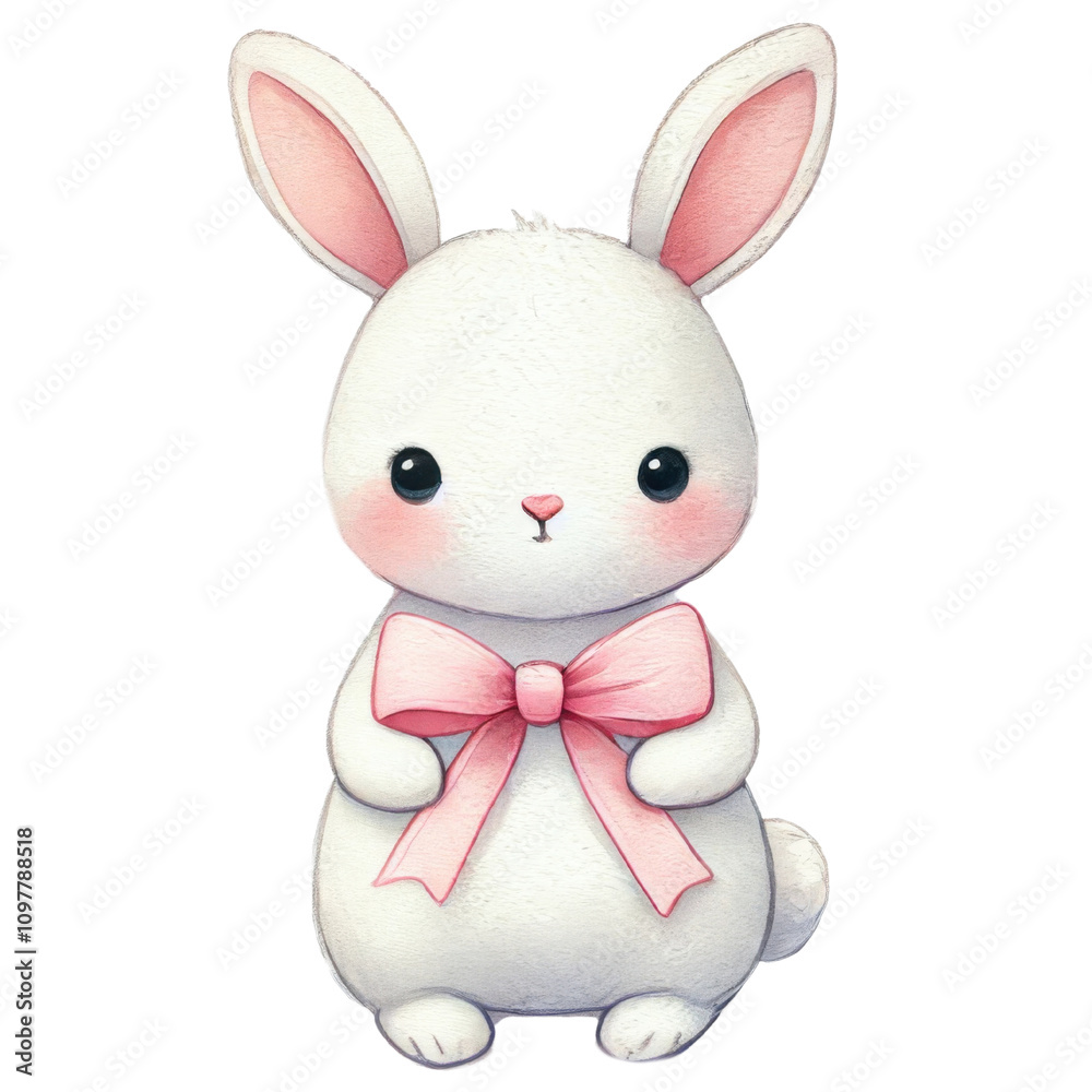Obraz premium Charming illustration of a white bunny with rosy cheeks wearing a pastel pink bow tie.