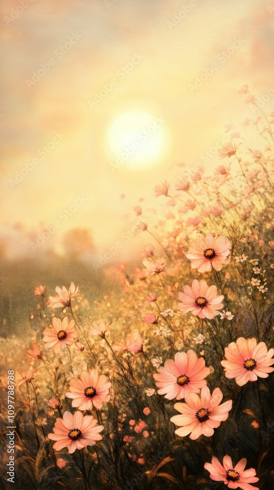 A serene landscape featuring blooming pink flowers under a warm, golden sunset. A serene landscape featuring blooming pink flowers under a warm, golden sunset.