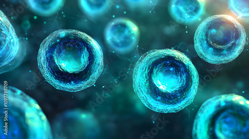 A futuristic microscopic rendering of blue biological cells in a fluid medium, symbolizing advancements in medical research, cellular biology, and bioinformatics.

