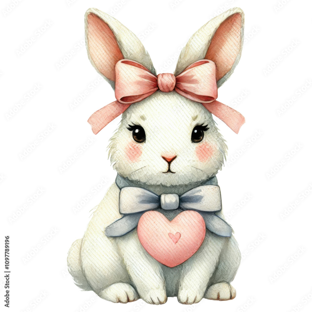Fototapeta premium Cute white bunny adorned with a pink bow and heart, radiating charm and love, perfect for Valentine's or decorations.
