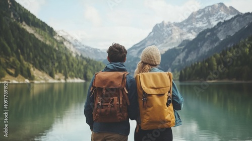 Two hikers with backpacks stand side by side, gazing out over a serene lake surrounded by snow-capped mountains and forests. This picturesque outdoor scene captures the essence of adventure and nature