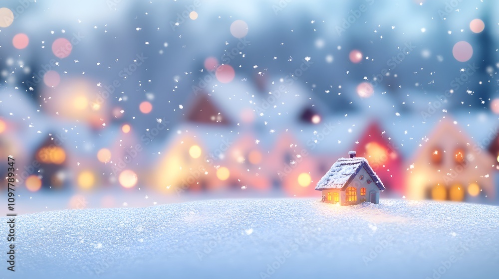 Fototapeta premium A winter village scene with snow-covered rooftops and colorful lights, creating a magical atmosphere. Clear empty space on the bottom for showcasing a product.
