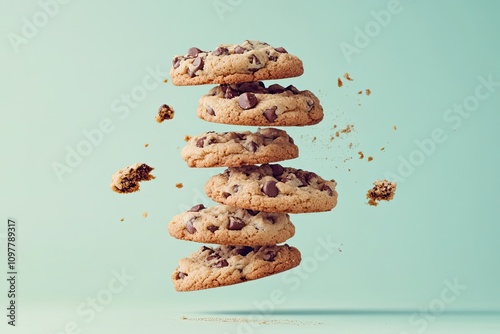 Chocolate chip cookies stacked and crumbling mid-air over a light pastel backdrop photo