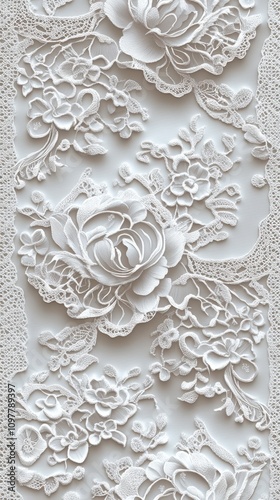Elegant white floral lace pattern showcasing intricate designs and delicate details.