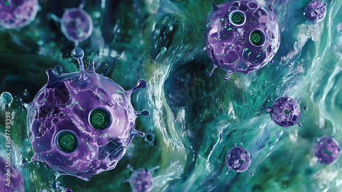 A close-up of viral particles floating in a liquid medium, displaying their complex structure and interaction with host cells. The image represents viral infections, immune system responses, and molec photo