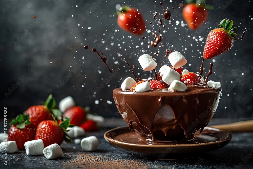 Chocolate fondue with strawberries and marshmallows spinning on a dark background Chocolate fondue with strawberries and marshmallows spinning on a dark background