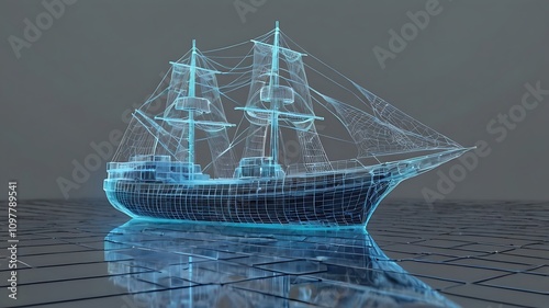 Ship Boat in Hologram Wireframe Style.