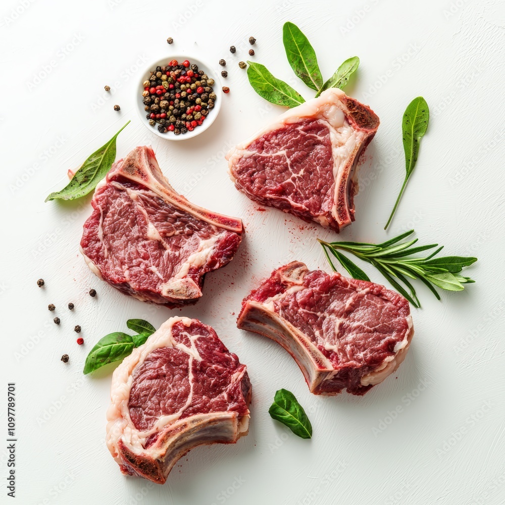 Fresh raw meat cuts with herbs and spices. Fresh raw meat cuts with herbs and spices.