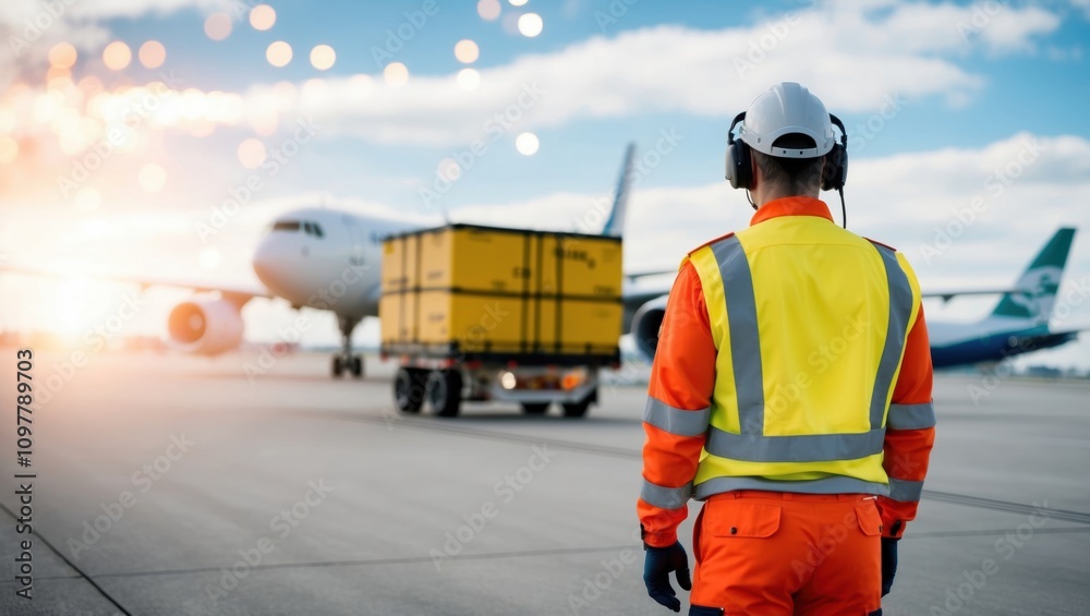 Airport Worker Observing Safe Loading Operations Airport Worker Observing Safe Loading Operations
