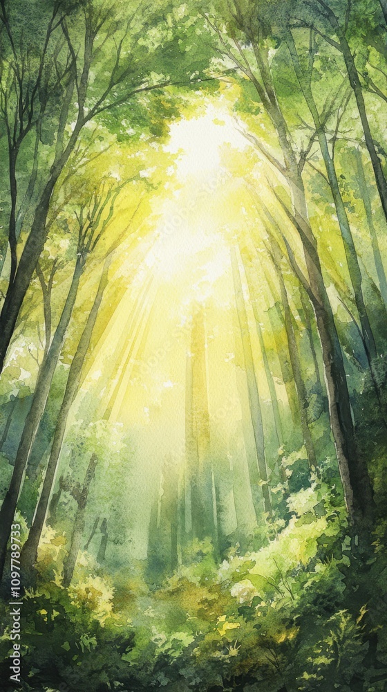 Obraz premium A serene forest scene illuminated by golden sunlight filtering through tall trees, creating a tranquil ambiance.