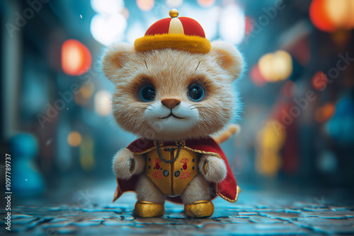 toy lion dressed as a king on a square in the park photo