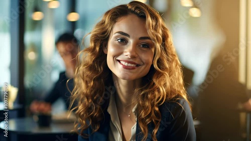 Wallpaper Mural Confident Beauty Businesswoman Leader Smiling in Boardroom Meeting at Sunset Sunrise with Team in Background with Light Flare – Corporate Success and Leadership Concept Torontodigital.ca