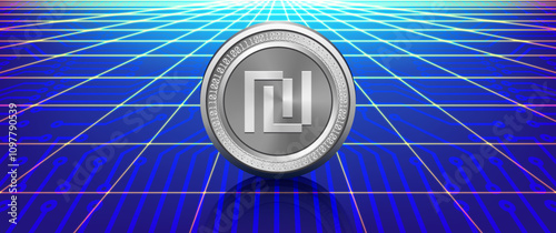 Vector futuristic poster. Stylistic silver or nikel coin of digital shekel israeli. High tech computer technology. Internet money. Israel