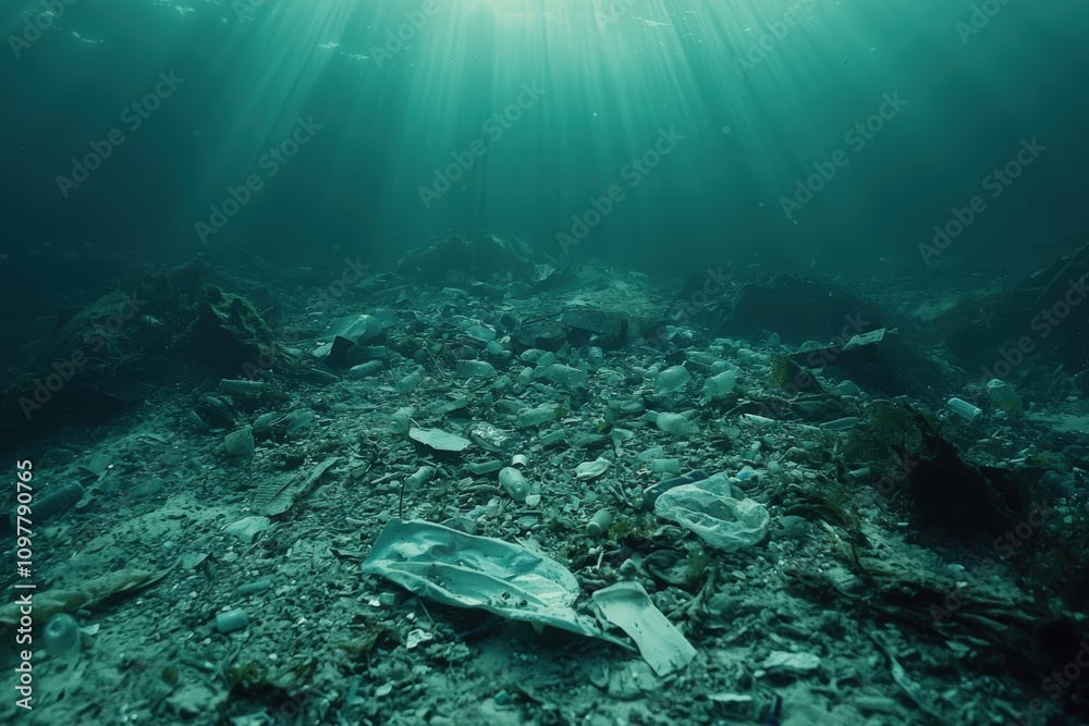 Fototapeta premium Underwater scene of pollution and debris