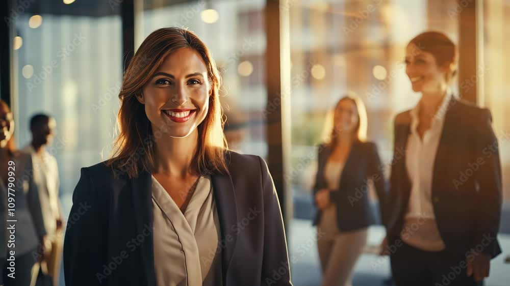 Confident Beauty Businesswoman Leader Smiling in Boardroom Meeting at Sunset Sunrise with Team in Background with Light Flare – Corporate Success and Leadership Concept Confident Beauty Businesswoman Leader Smiling in Boardroom Meeting at Sunset Sunrise with Team in Background with Light Flare – Corporate Success and Leadership Concept